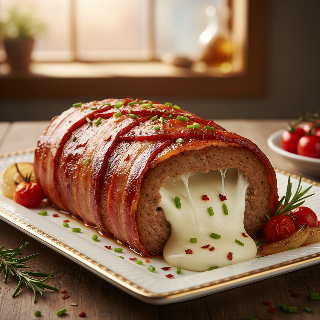 Bolo de Carne Rápido Envolto em Bacon e Recheado com Muçarela