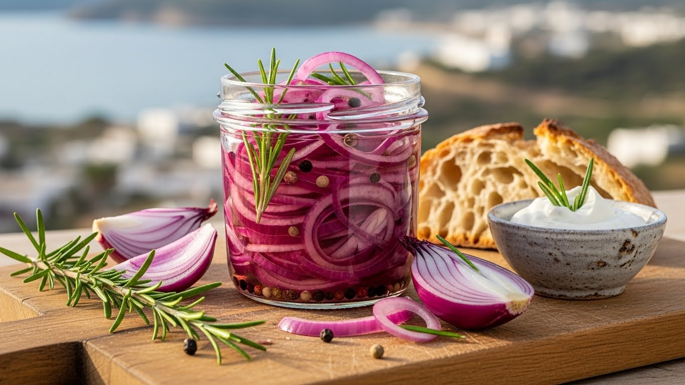 Joias Roxas do Mediterrâneo: Cebolas em Conserva Rápida com Alecrim