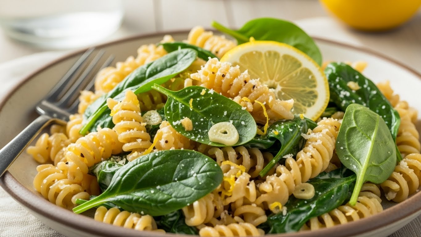 Fusilli Cremoso ao Limone e Alho com Espinafre Fresco