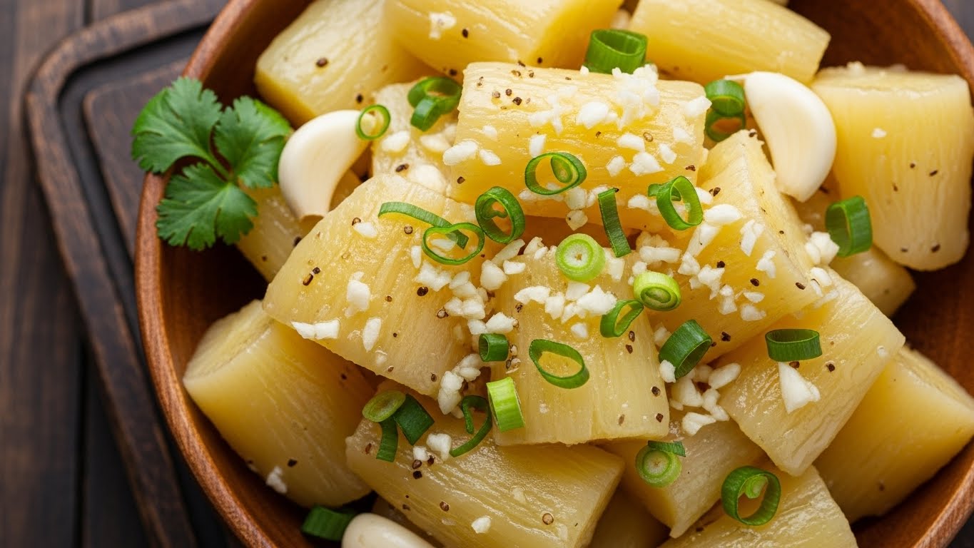 Mandioca Cozida com Alho e Cebolinha