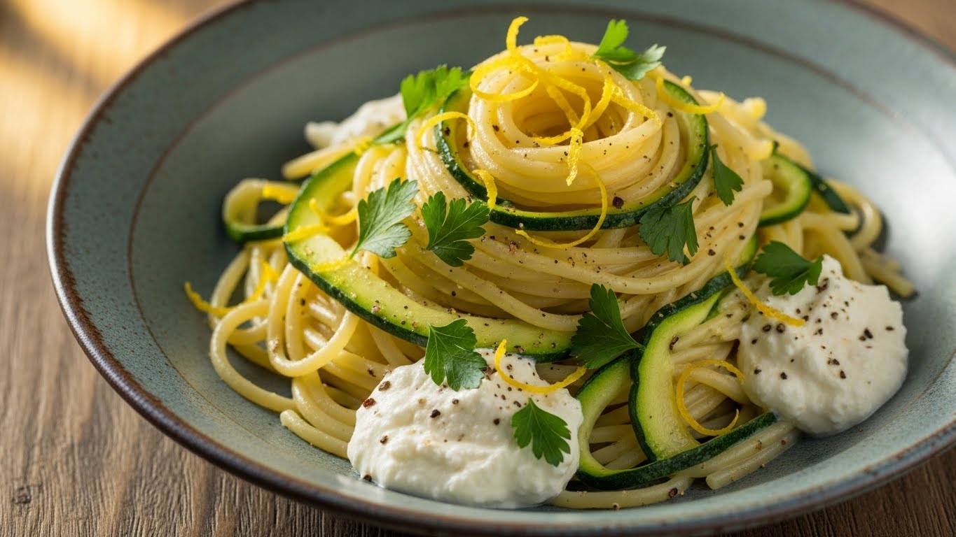 Spaghetti Cremoso de Limão e Abobrinha com Ricota