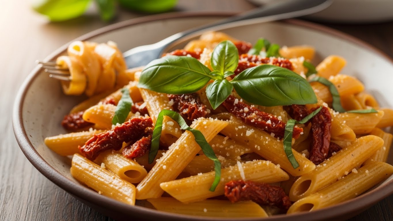 Penne Cremoso de Tomate Seco e Manjericão Fresco