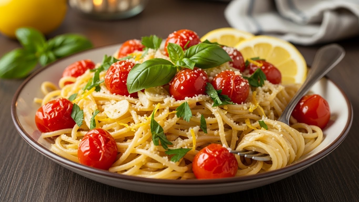 Spaghetti Cremoso Rápido de Limão e Alho com Tomates Assados
