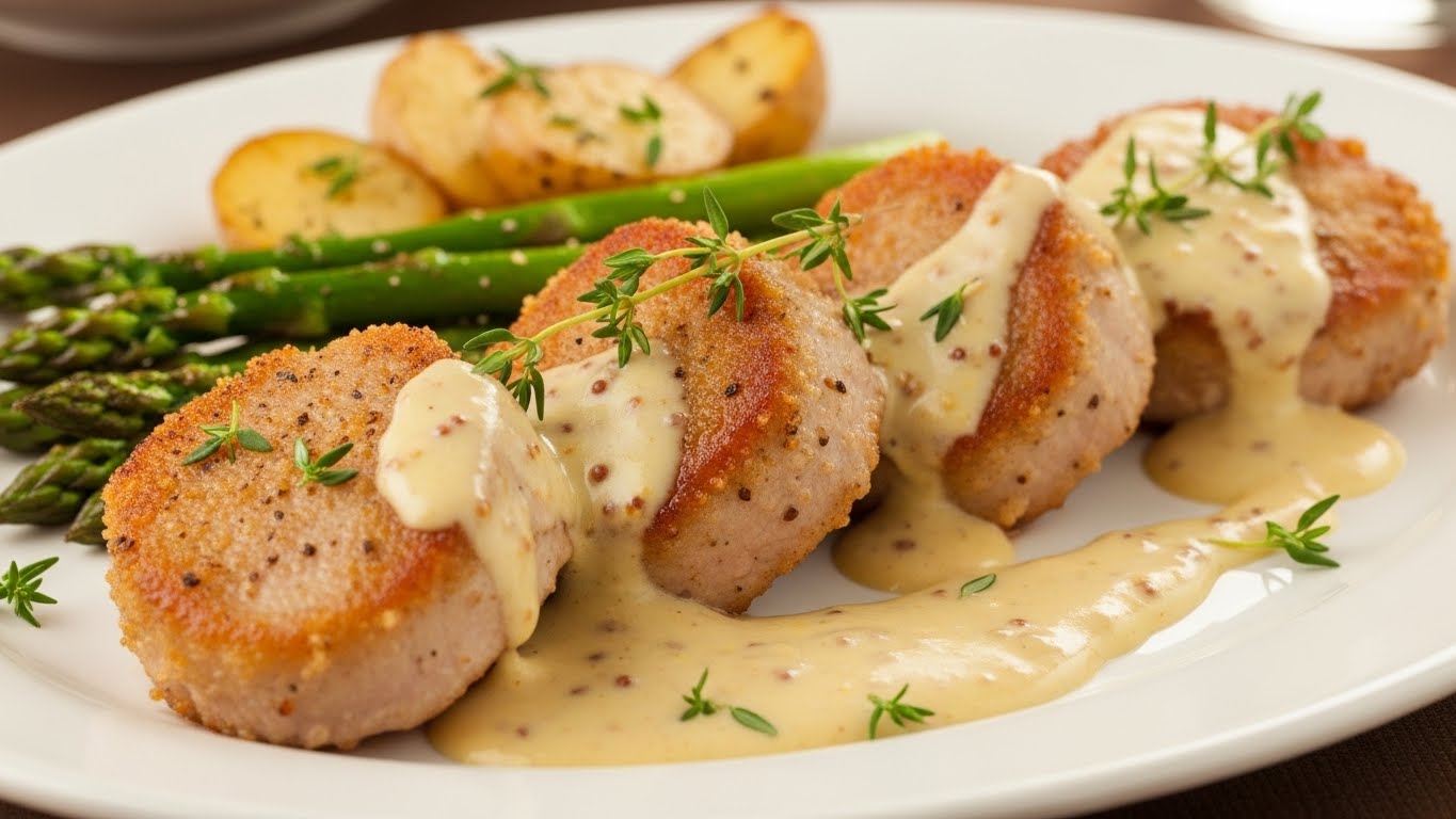 Medalhões de Porco Dourados com Molho Cremoso de Mostarda