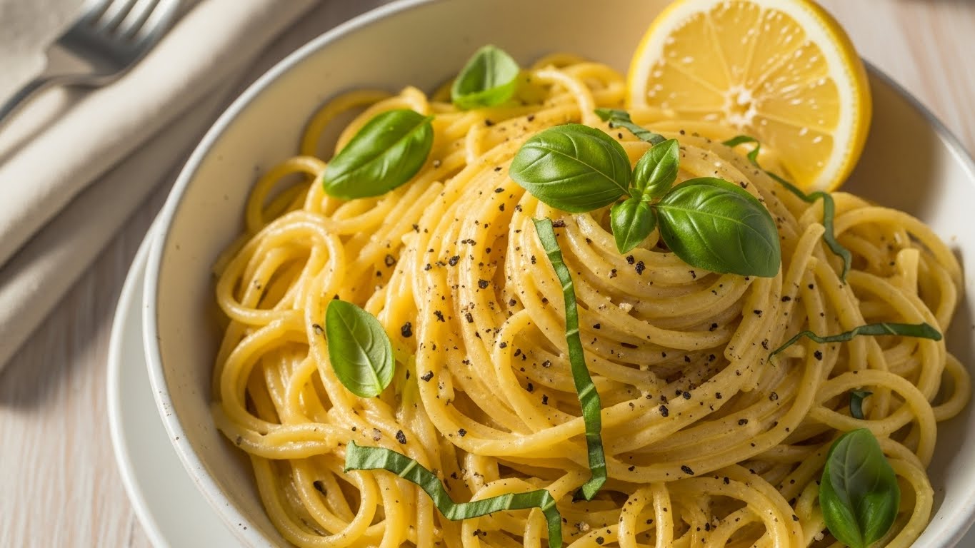 Espaguete Cremoso de Limão Siciliano com Pimenta e Manjericão