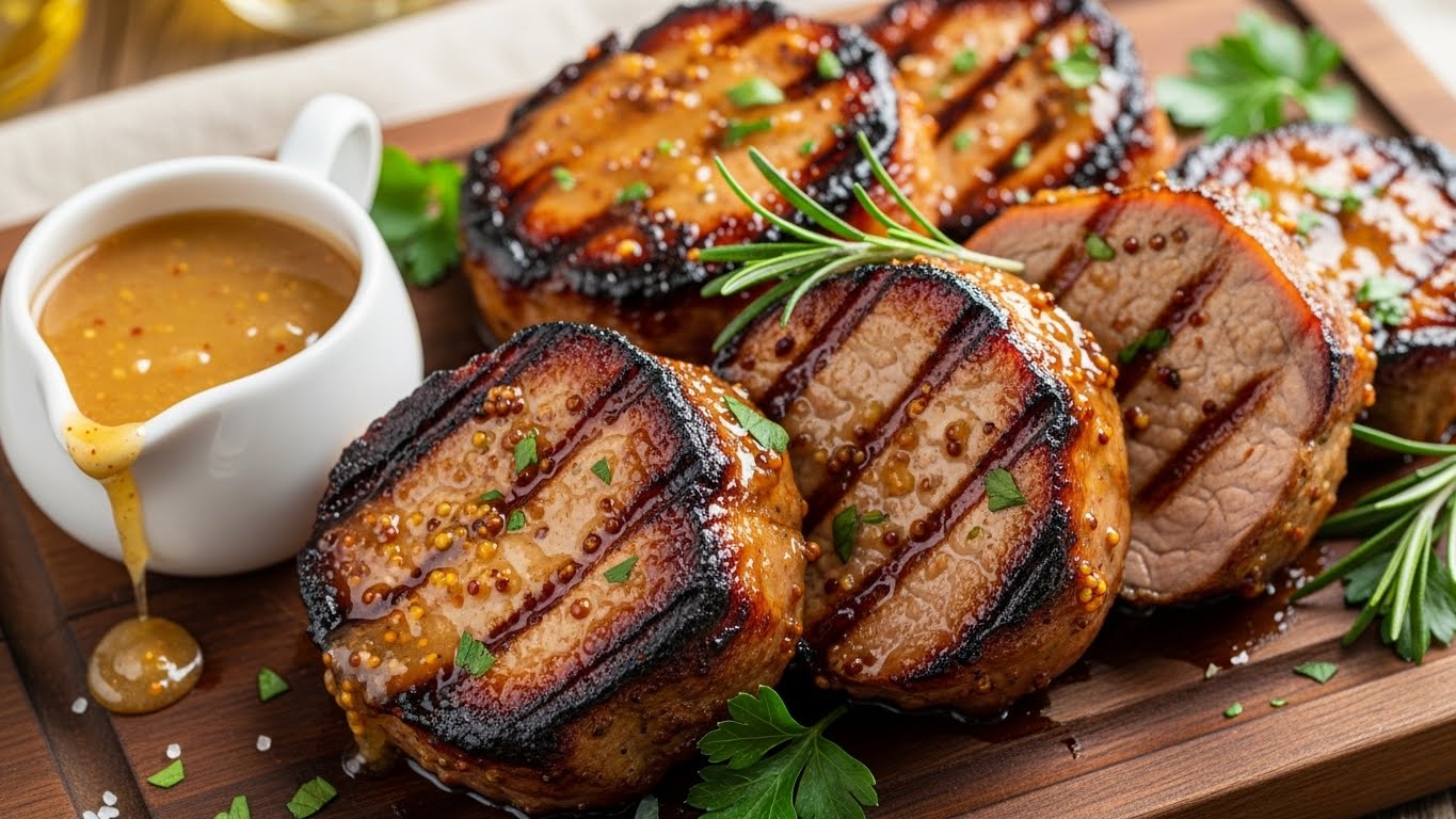 Medalhões de Lombo Suíno Caramelizados com Mel e Mostarda