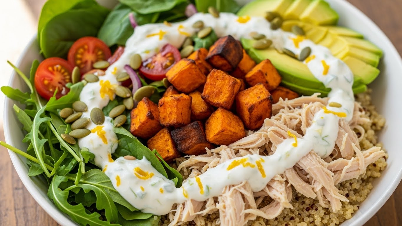 Tigela Power de Frango Desfiado e Batata Doce com Molho Cítrico de Iogurte