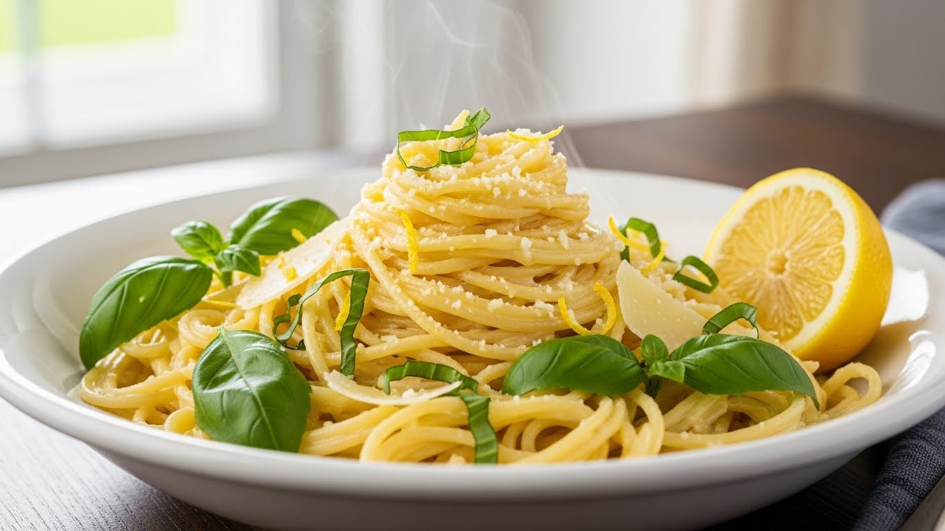 Spaghetti Cremoso ao Aroma de Limão e Manjericão