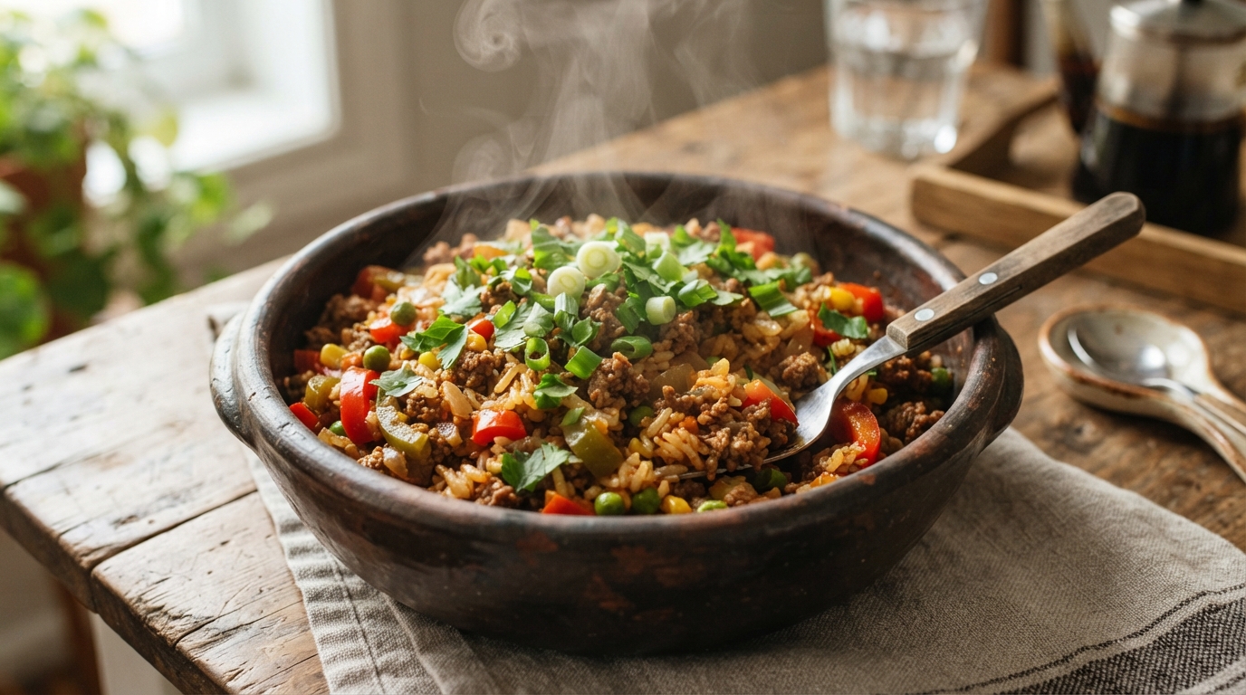 Arroz de panela com carne moída