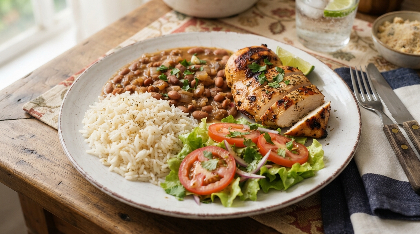Arroz, feijão, frango e salada