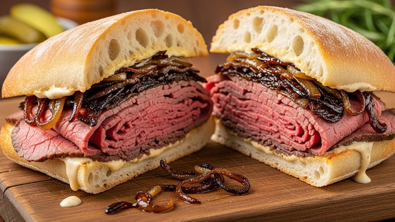 Sanduíche de Carne Assada com Cebola Caramelizada