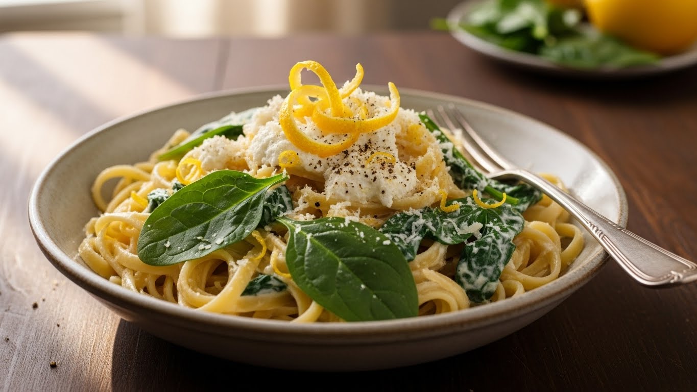 Fettuccine Cremoso de Limão e Ricota com Toque de Espinafre