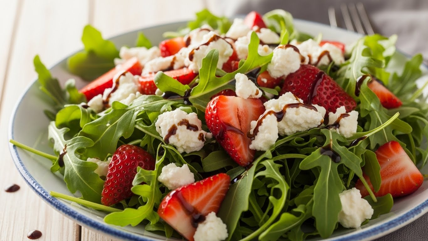 Salada de Morango, Rúcula e Feta com Vinagrete Balsâmico