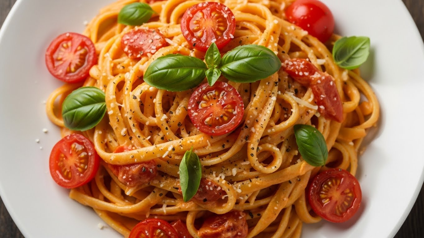 Fettuccine Cremoso ao Sol de Tomate e Manjericão