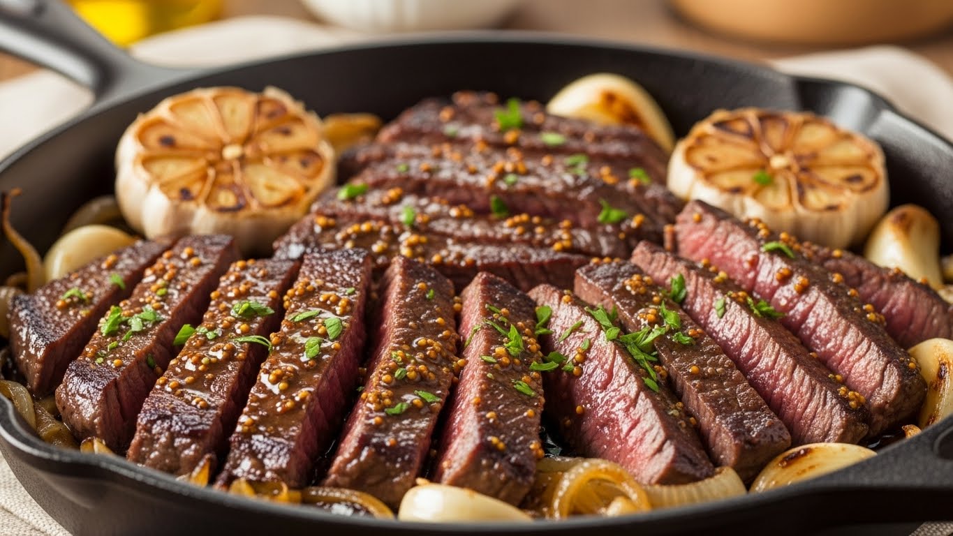Bife Rápido Caramelizado com Alho e Mostarda