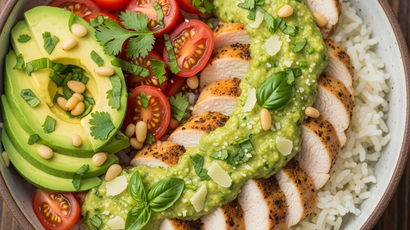 Tigela de Frango Cremoso com Pesto Rápido de Abacate