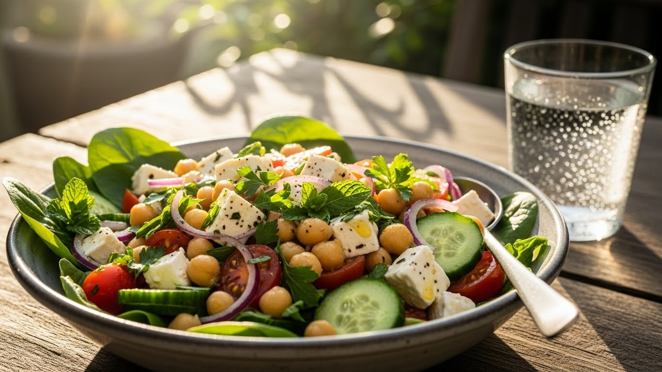 Sol da Manhã: Salada Refrescante de Grão de Bico e Queijo Fresco