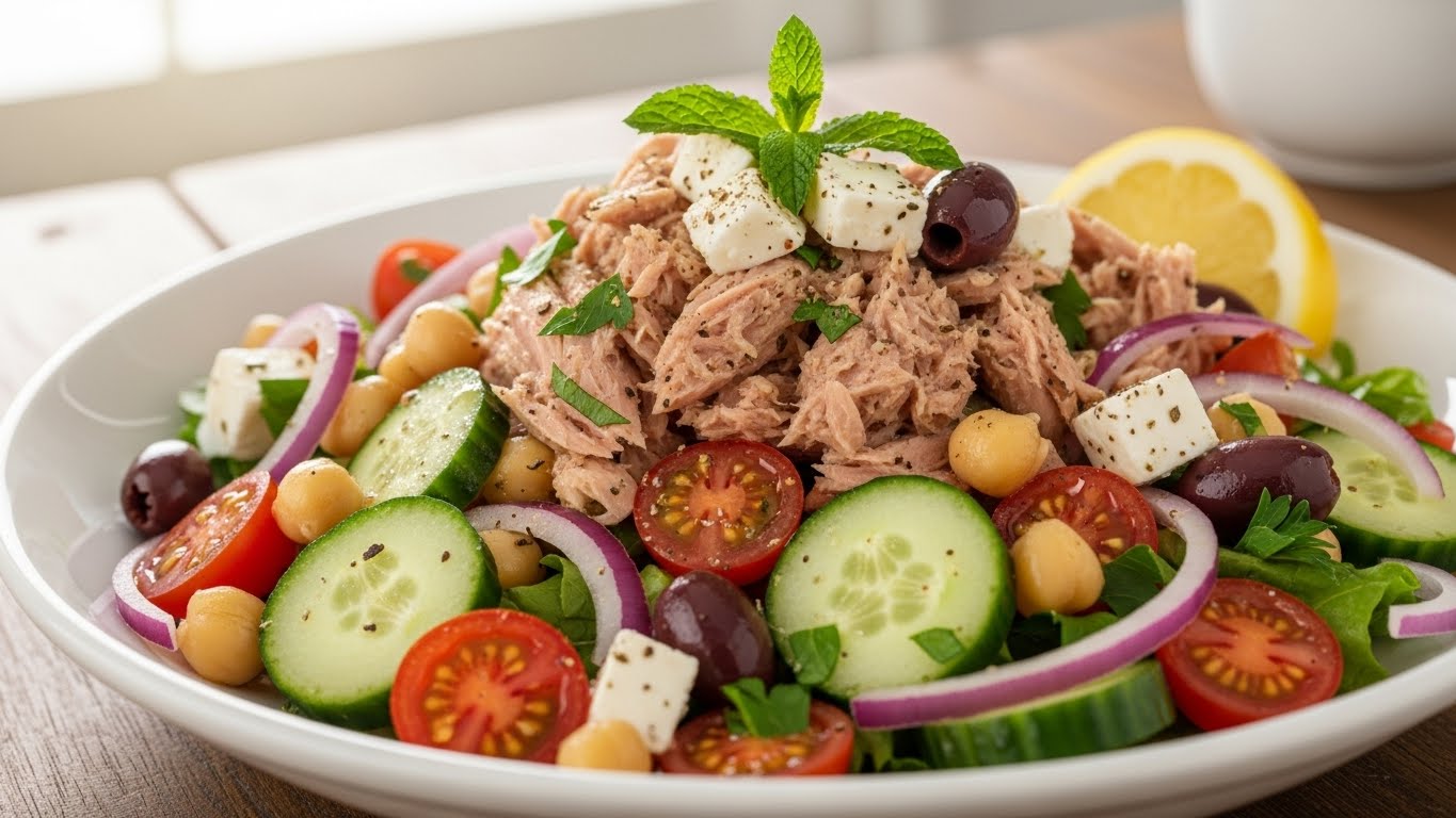Salada Mediterrânea Rápida com Atum e Grão de Bico