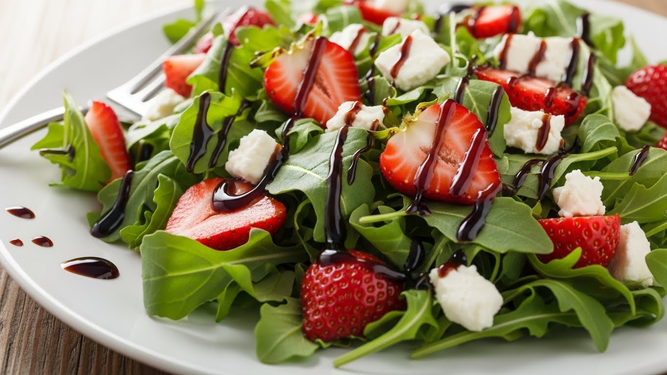 Salada de Rúcula, Morango e Feta com Vinagrete Balsâmico Doce