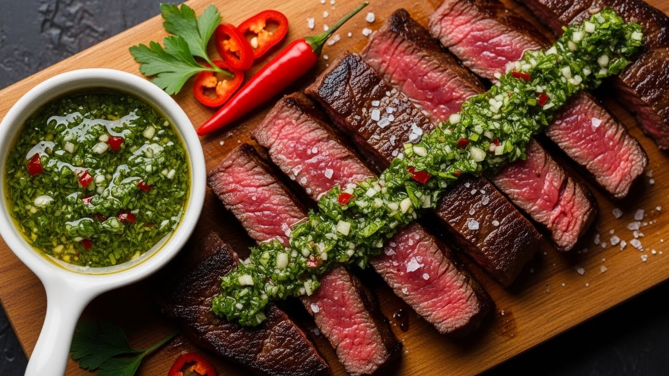 Tiras de Alcatra Seladas ao Molho Chimichurri Fresco