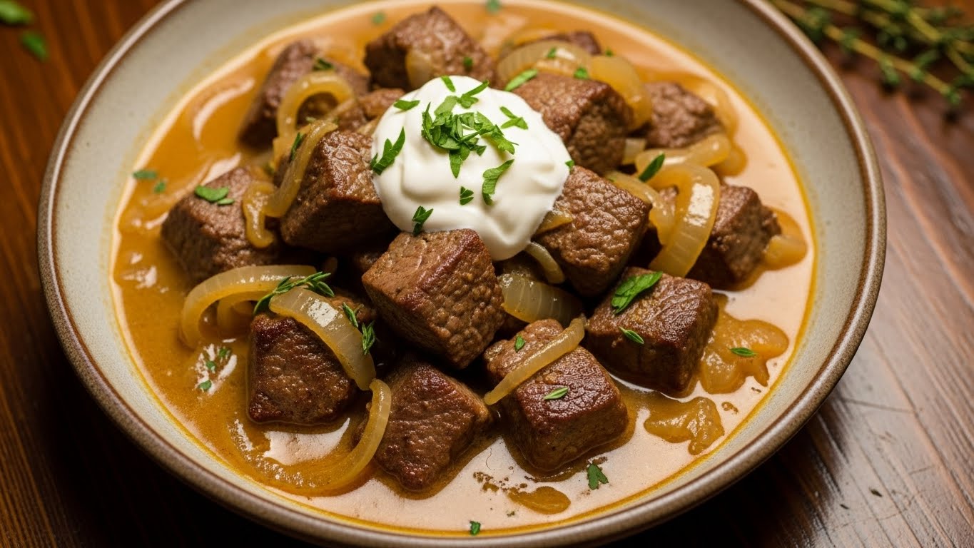 Cubos de Alcatra Cremosos ao Molho Rápido de Cebola