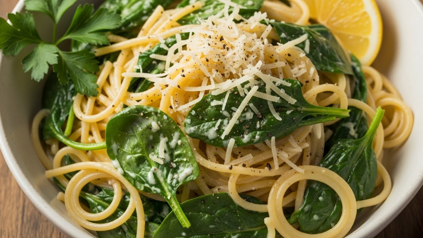 Espaguete Cremoso de Limão Siciliano e Alho com Toque de Espinafre