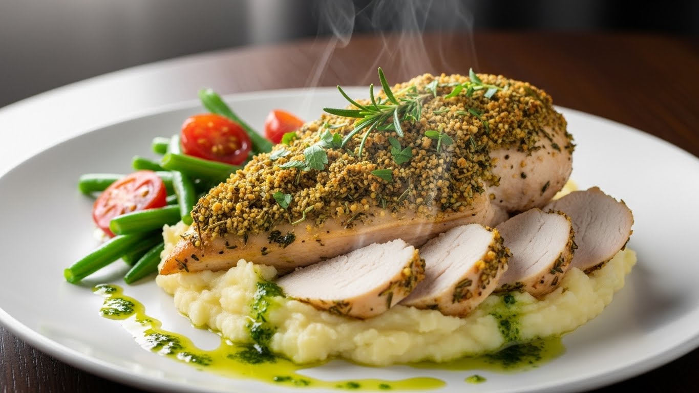 Supremo de Frango Fitness com Crosta de Ervas e Purê Rústico