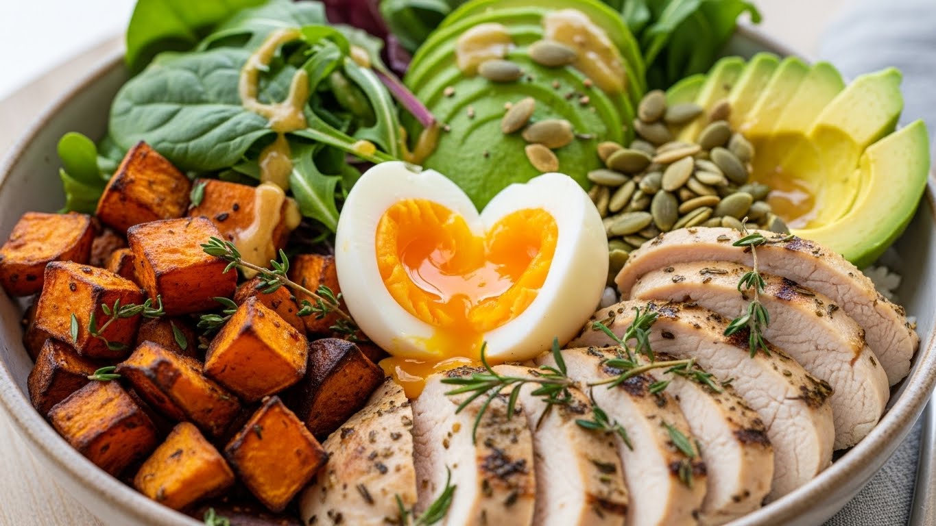 Power Bowl de Frango e Batata Doce com Gema Mole