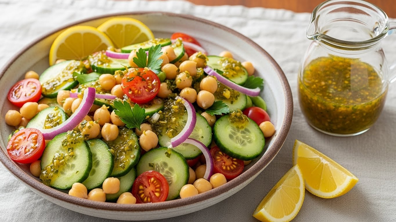 Salada de Grão de Bico e Pepino com Vinagrete Cítrico