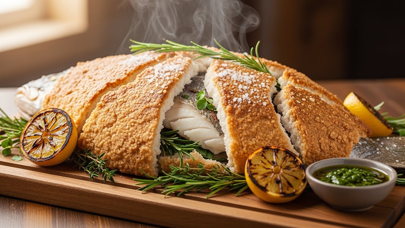 Peixe Assado com Crosta de Sal