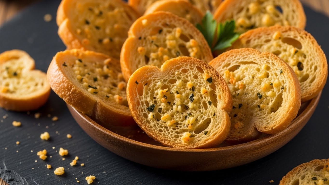 Crocantes de Pão com Parmesão e Alho (Pão Chips)