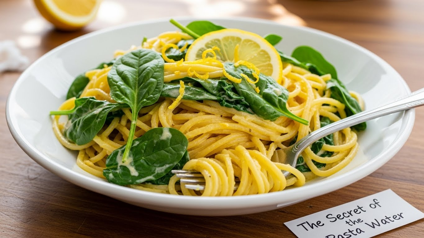 Spaghetti Cremoso de Limão e Espinafre (O Segredo da Água da Massa)